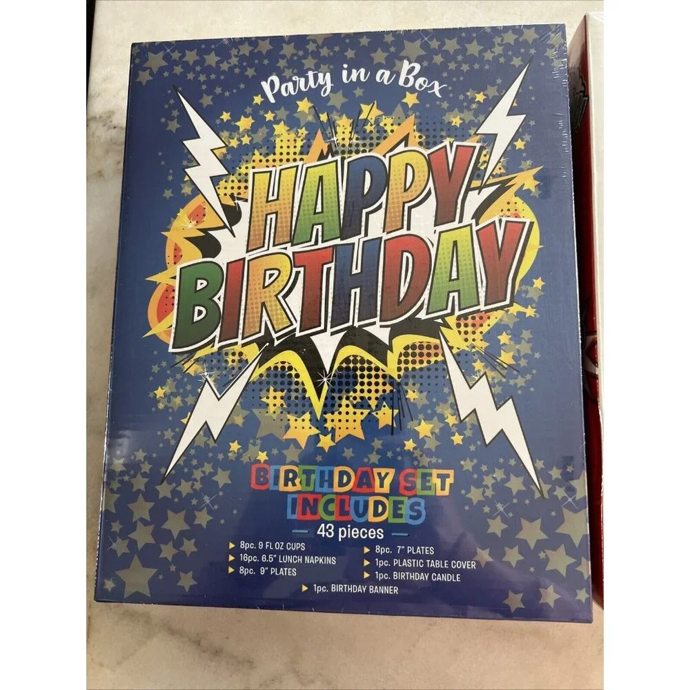 Set Of 2 Party In A Box 43 Piece Superhero BirthdayParty‎ Goods Set New Sealed
